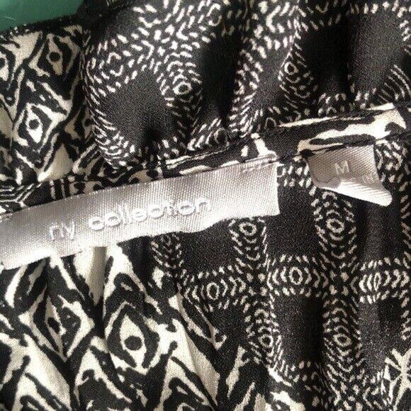 NY Collection Black White Print Ruffle V Neck Blouse Top Medium Short Sleeve - Picture 3 of 7